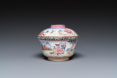 A Chinese Canton enamel 'foreigners' bowl and cover, Yongzheng