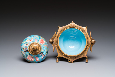 A Chinese Canton enamel bowl and cover with fine gilt bronze mount, Jiaqing