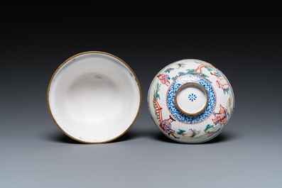 A Chinese Canton enamel 'foreigners' bowl and cover, Yongzheng