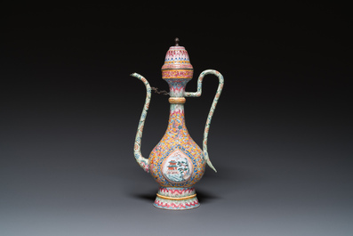 A large Chinese yellow-ground Canton enamel ewer and cover, Qianlong