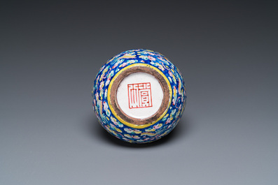 A Chinese blue-ground Canton enamel double gourd 'dragons' vase, Shangxin 赏心 mark, Qianlong