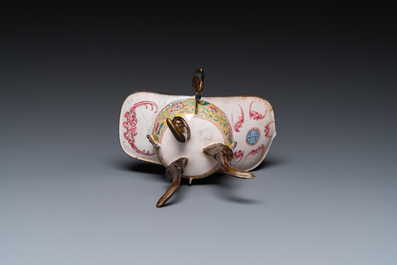 A Chinese yellow-ground Canton enamel ritual wine ewer or 'jue', Yongzheng