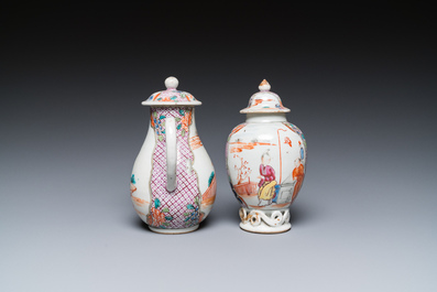 A Chinese famille rose 'mandarin subject' jug with cover and a tea caddy, Qianlong