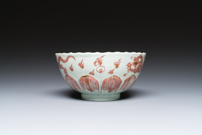 A Chinese lotus-molded 'dragon' bowl in copper-red on celadon-ground, Kangxi