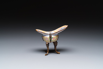 A Chinese yellow-ground Canton enamel ritual wine ewer or 'jue', Yongzheng
