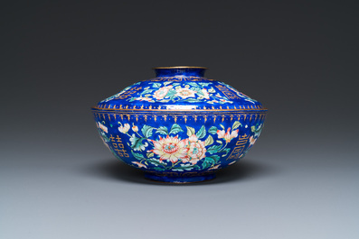 A Chinese blue-ground Canton enamel bowl and cover, Qianlong