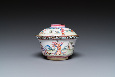 A Chinese Canton enamel 'foreigners' bowl and cover, Yongzheng