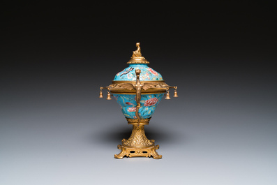 A Chinese Canton enamel bowl and cover with fine gilt bronze mount, Jiaqing