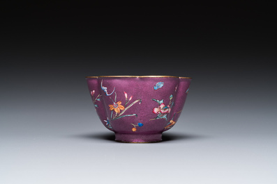 A rare Chinese Canton enamel purple-ground bowl, Shou 寿 mark, Yongzheng/Qianlong