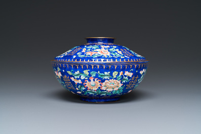 A Chinese blue-ground Canton enamel bowl and cover, Qianlong