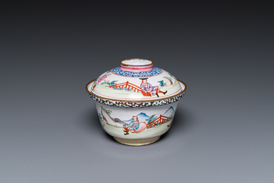 A Chinese Canton enamel 'foreigners' bowl and cover, Yongzheng