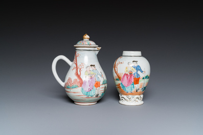 Un cr&eacute;mier et une bo&icirc;te &agrave; th&eacute; en porcelaine de Chine famille rose &agrave; sujet europ&eacute;en, Qianlong