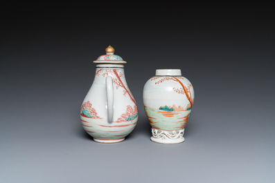 Un cr&eacute;mier et une bo&icirc;te &agrave; th&eacute; en porcelaine de Chine famille rose &agrave; sujet europ&eacute;en, Qianlong
