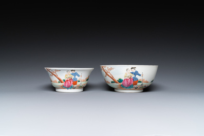 Twee fijne Chinese famille rose kommen met Europees decor, Qianlong