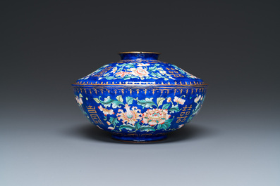 A Chinese blue-ground Canton enamel bowl and cover, Qianlong