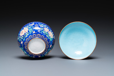 A Chinese blue-ground Canton enamel bowl and cover, Qianlong