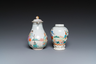 Un cr&eacute;mier et une bo&icirc;te &agrave; th&eacute; en porcelaine de Chine famille rose &agrave; sujet europ&eacute;en, Qianlong