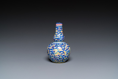 A Chinese blue-ground Canton enamel double gourd 'dragons' vase, Shangxin 赏心 mark, Qianlong