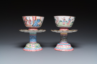 A pair of Chinese Canton enamel marriage bowls on stems, Yongzheng