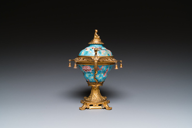 A Chinese Canton enamel bowl and cover with fine gilt bronze mount, Jiaqing