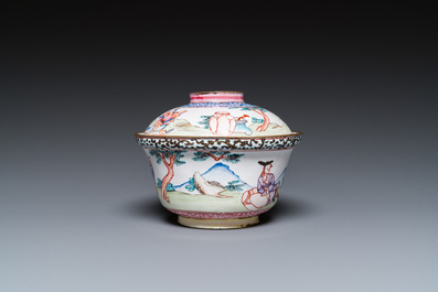 A Chinese Canton enamel 'foreigners' bowl and cover, Yongzheng