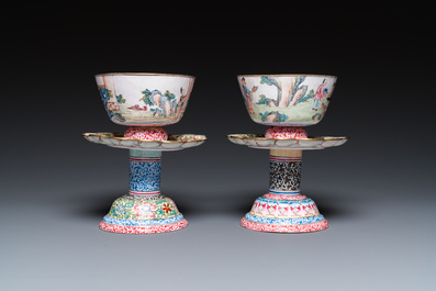 A pair of Chinese Canton enamel marriage bowls on stems, Yongzheng