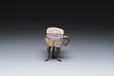 A Chinese yellow-ground Canton enamel ritual wine ewer or 'jue', Yongzheng