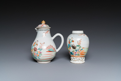 Un cr&eacute;mier et une bo&icirc;te &agrave; th&eacute; en porcelaine de Chine famille rose &agrave; sujet europ&eacute;en, Qianlong