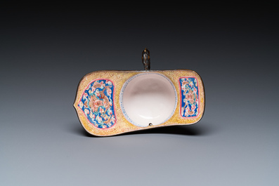 A Chinese yellow-ground Canton enamel ritual wine ewer or 'jue', Yongzheng