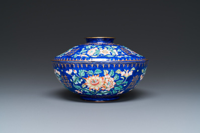 A Chinese blue-ground Canton enamel bowl and cover, Qianlong