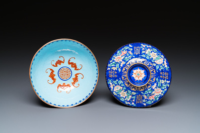 A Chinese blue-ground Canton enamel bowl and cover, Qianlong