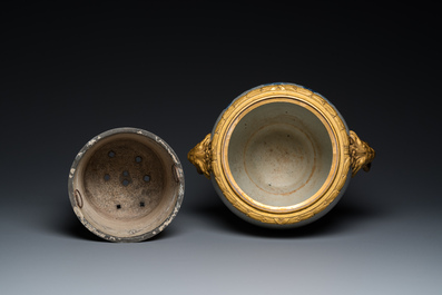 A large Chinese blue and white crackle-glazed 'carps' vase with fine gilt bronze mounts, 18/19th C.
