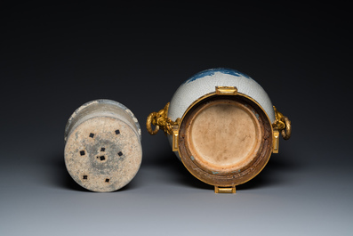 A large Chinese blue and white crackle-glazed 'carps' vase with fine gilt bronze mounts, 18/19th C.