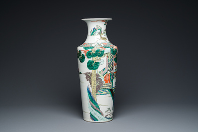 A fine Chinese famille verte rouleau vase with narrative design, 19th C.
