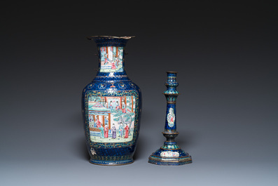 Vier stukken Chinees Canton email met blauwe fondkleur, Qianlong/Jiaqing