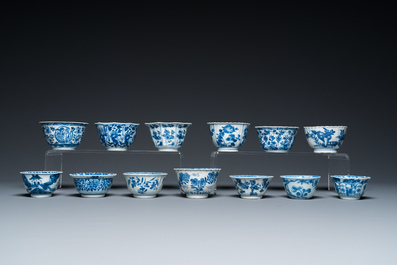 Thirteen Chinese blue and white cups and saucers, Kangxi