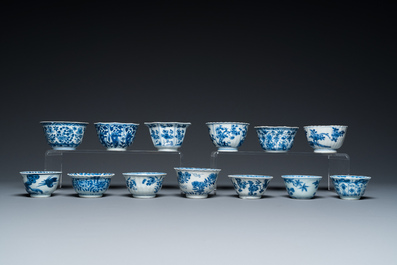Thirteen Chinese blue and white cups and saucers, Kangxi