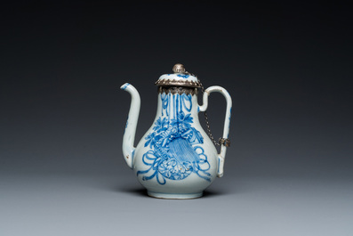 A Chinese blue and white teapot and cover with silver mounts, Kangxi