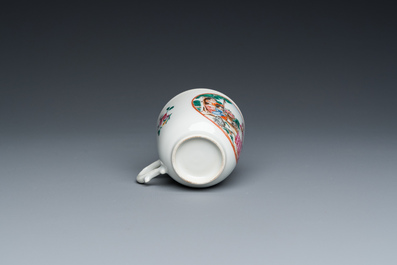 A Chinese famille rose 'European subject' cup and saucer, Qianlong