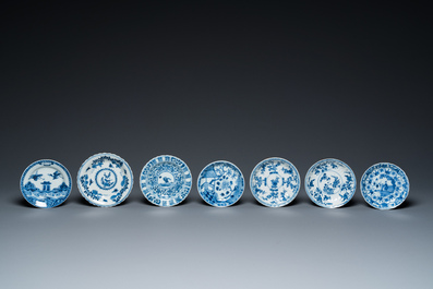 Thirteen Chinese blue and white cups and saucers, Kangxi