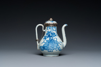 A Chinese blue and white teapot and cover with silver mounts, Kangxi