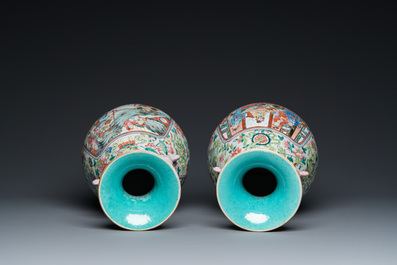 A pair of Chinese famille rose vases with elephant handles, 19th C.