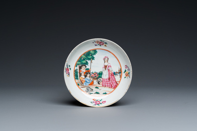 A Chinese famille rose 'European subject' cup and saucer, Qianlong