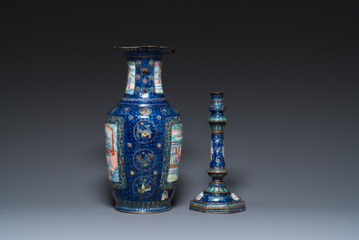 Vier stukken Chinees Canton email met blauwe fondkleur, Qianlong/Jiaqing