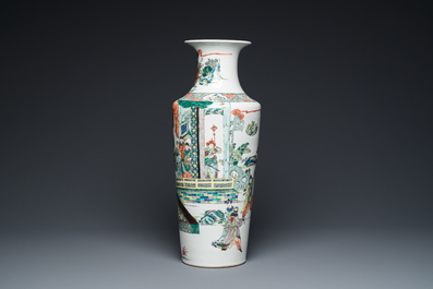 A fine Chinese famille verte rouleau vase with narrative design, 19th C.