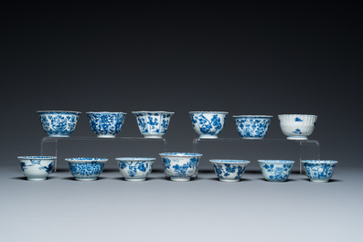 Thirteen Chinese blue and white cups and saucers, Kangxi
