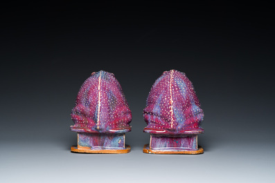 A pair of Chinese flamb&eacute;-glazed toads, 19th C.