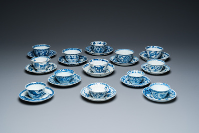 Thirteen Chinese blue and white cups and saucers, Kangxi