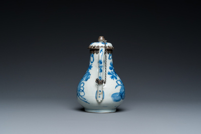 A Chinese blue and white teapot and cover with silver mounts, Kangxi