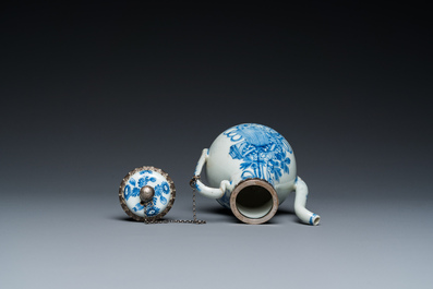 A Chinese blue and white teapot and cover with silver mounts, Kangxi